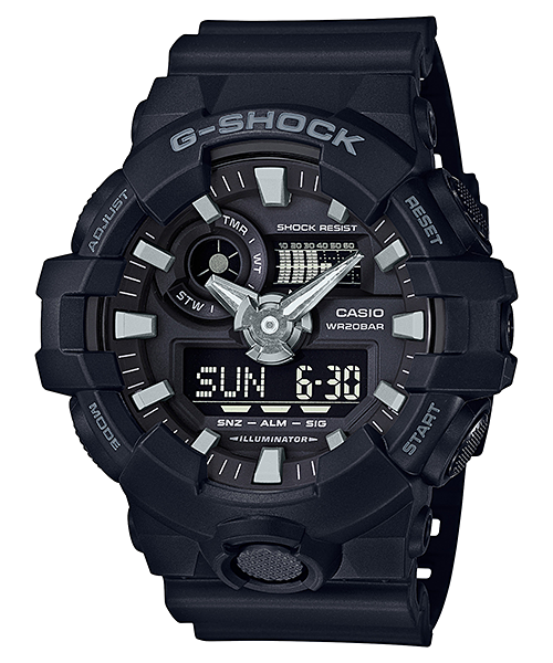 Collection G-Shock - GA-700-1BER - Montre Casio – grand boîtier et bracelet en résine noirs, bouton avant à 6 heures – vue de face