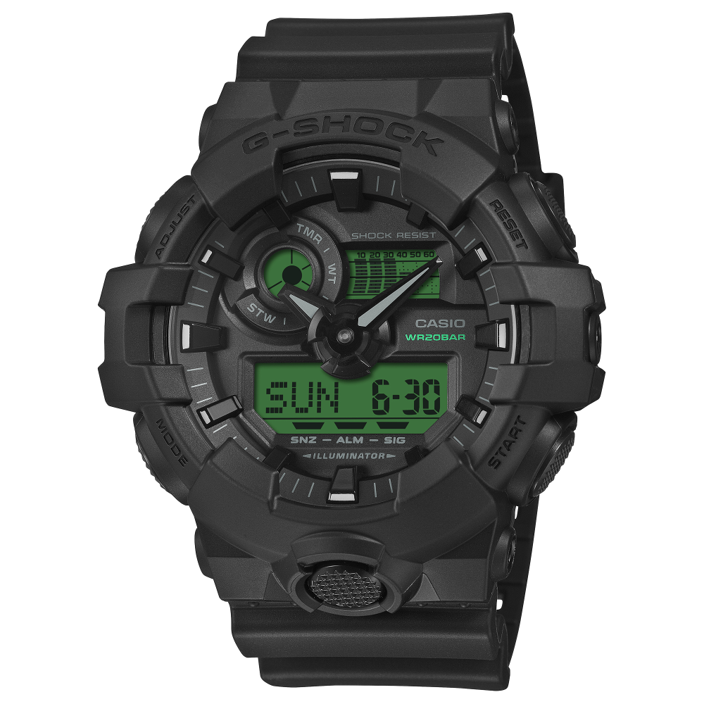Collection G-Shock - GA-700BEG-1AER - Montre Casio – très grand boîtier en résine noir, écran à touches vert électrique, bracelet en résine noir – vue de face