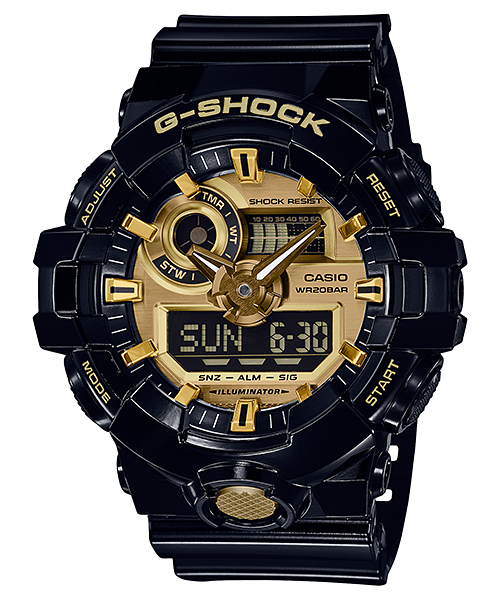 Collection G-Shock - GA-710GB-1AER - Montre Casio – grand boîtier noir brillant aux accents dorés, bracelet en résine noire – vue de face