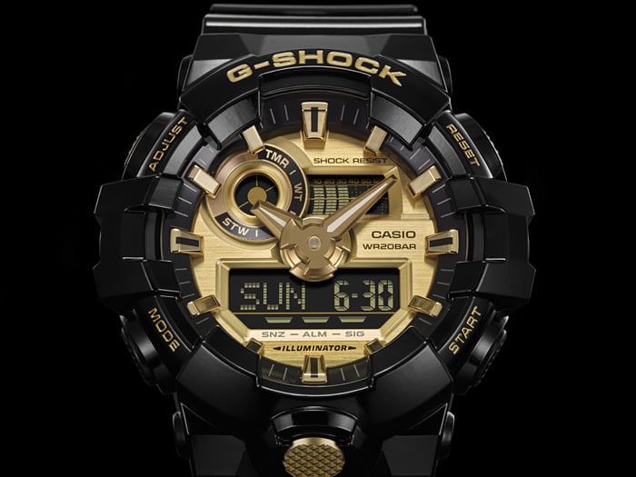 Collection G-Shock - GA-710GB-1AER - Montre Casio – grand boîtier noir brillant aux accents dorés, bracelet en résine noire – vue 4