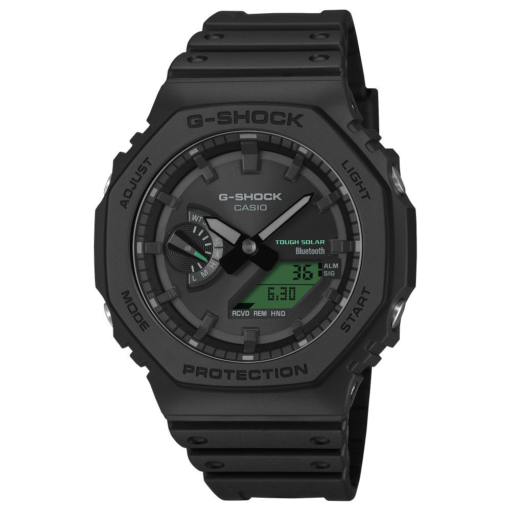 Collection G-Shock - GA-B2100BEG-1AER - Montre Casio – boîtier en carbone et résine bio noir, écran à touches vert électrique, bracelet en résine bio noir – vue de face