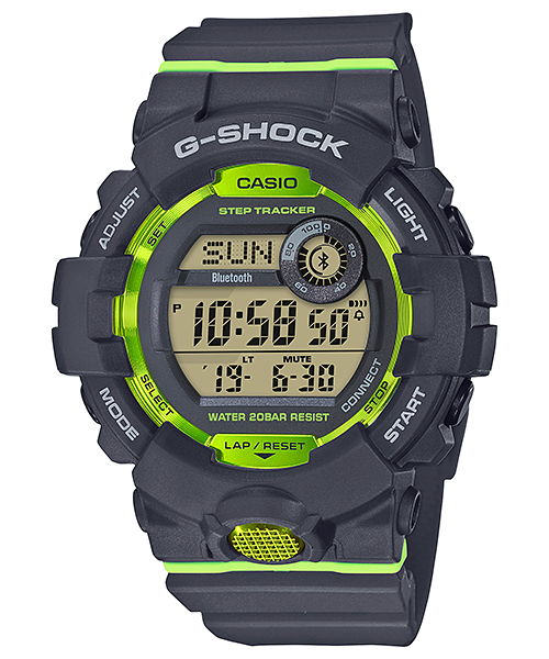 Collection G-Shock - GBD-800-8ER - Montre Casio – boîtier en résine grise, bouton avant métallique, bracelet en résine gris – vue de face