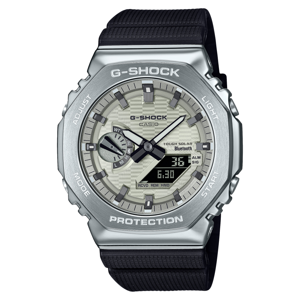 Collection G-Shock - GBM-2100A-8BER - Montre Casio – boîtier gris à lunette métallique, cadran doré à index noirs, bracelet en résine bio gris – vue de face
