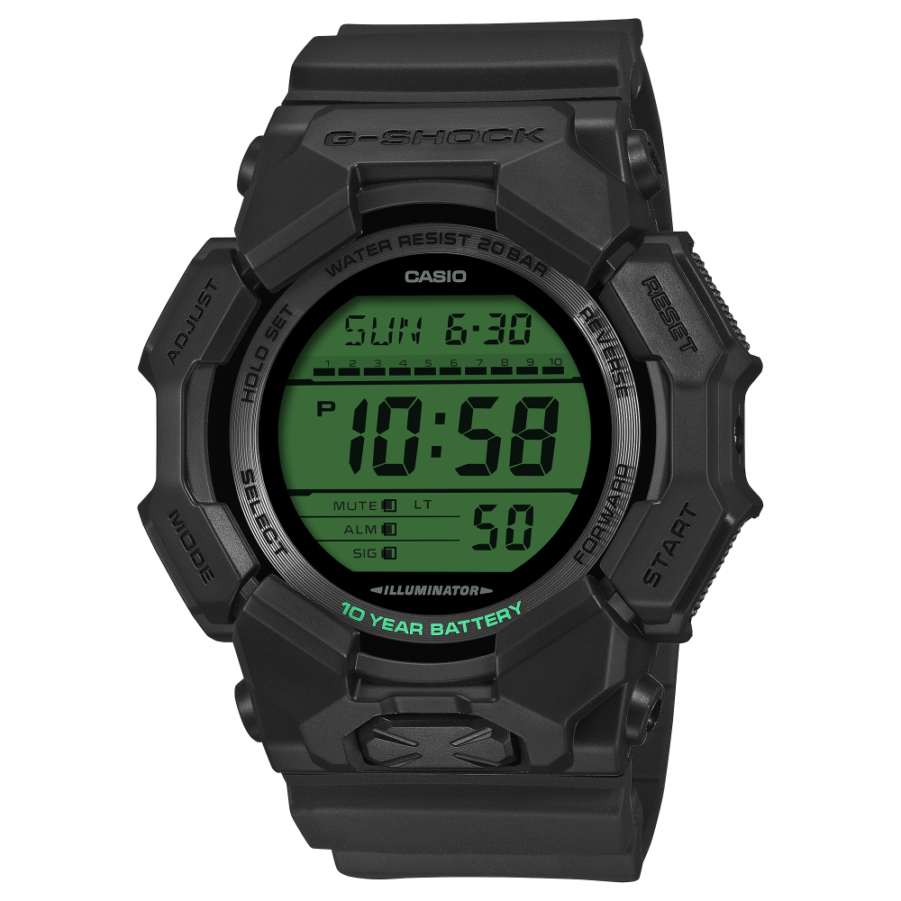Collection G-Shock - GD-010BEG-1ER - Montre Casio – montre numérique, boîtier en carbone bio et résine bio noir, touches vert électrique, bracelet en résine bio noir – vue de face