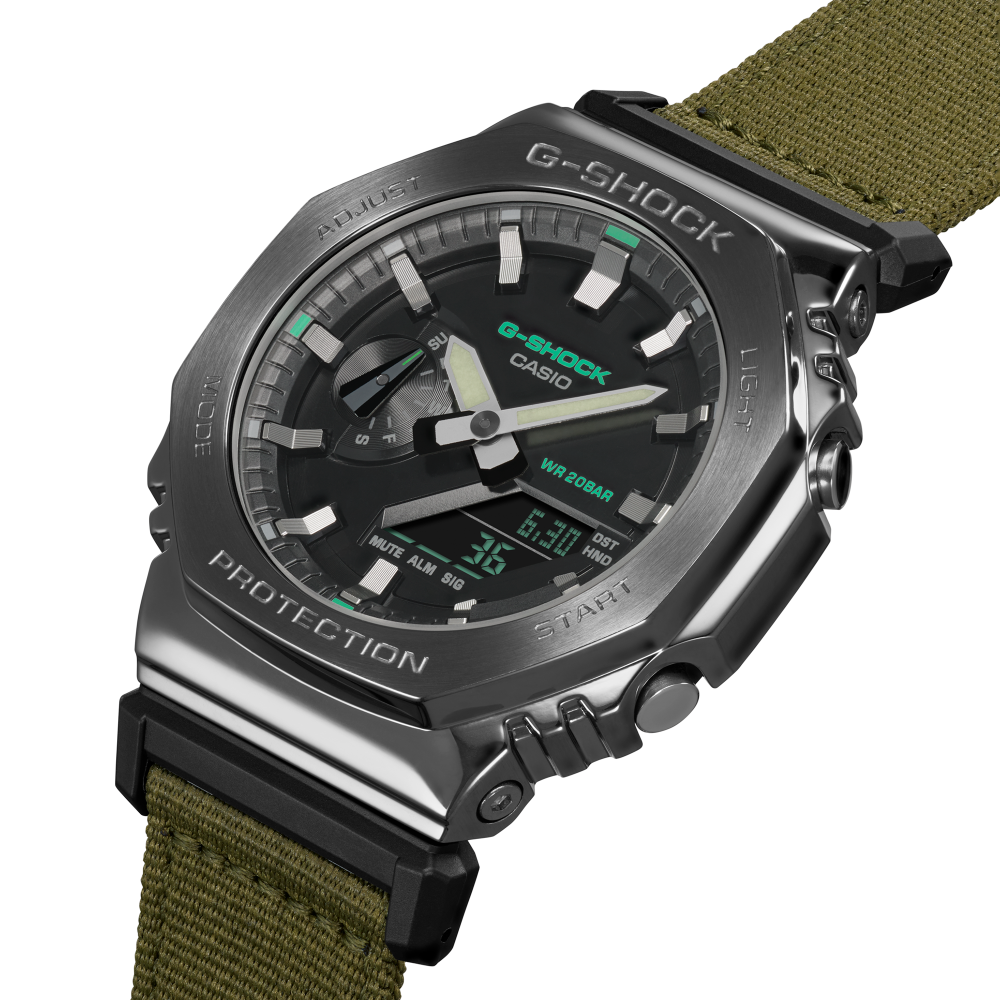 Collection G-Shock - GM-2100CB-3AER - Montre Casio – montre octogonale, lunette en acier gris, bracelet en tissu vert – vue 7