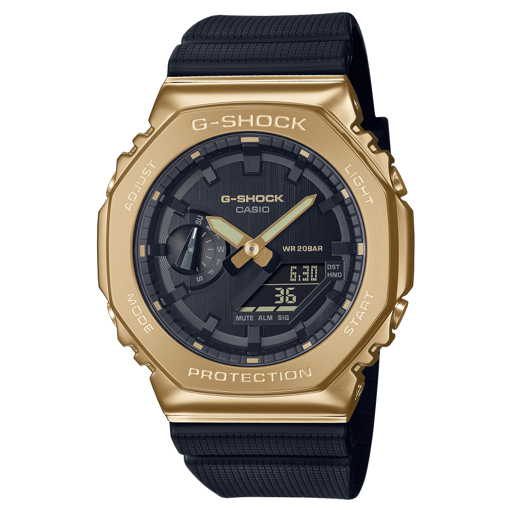 Collection G-Shock - GM-2100G-1A9ER - Montre Casio – boîtier noir à lunette métallique dorée, bracelet en résine noire – vue de face