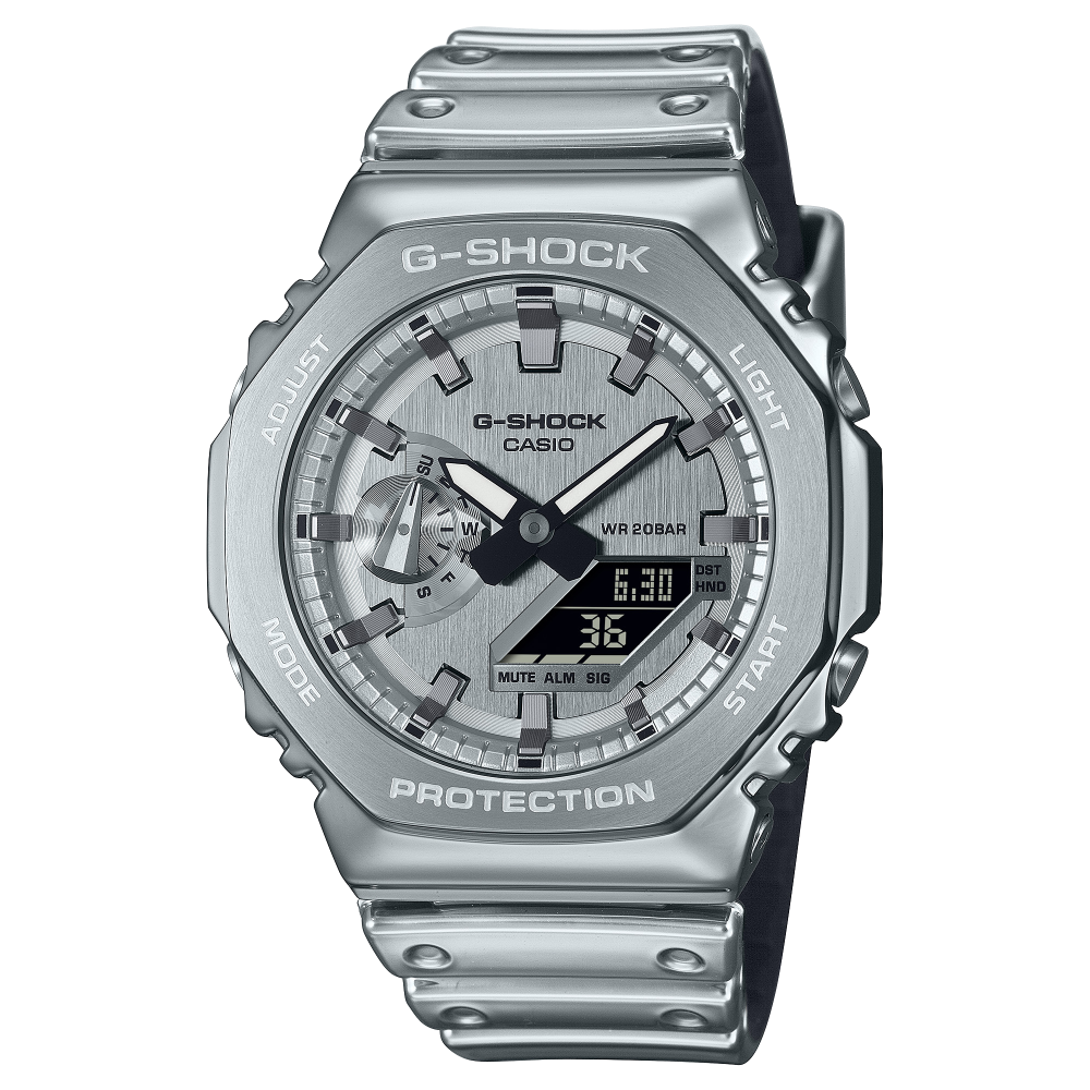 Collection G-Shock - GM-2100YM-8AER - Montre Casio – lunette octogonale métallique argentée, bracelet en silicone argenté – vue de face