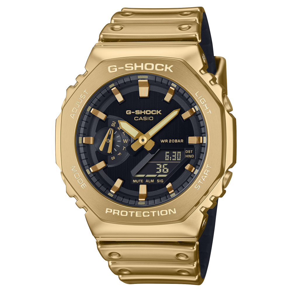 Collection G-Shock - GM-2100YMG-9AER - Montre Casio – boîtier octogonal à lunette métallique dorée, bracelet en silicone doré – vue de face