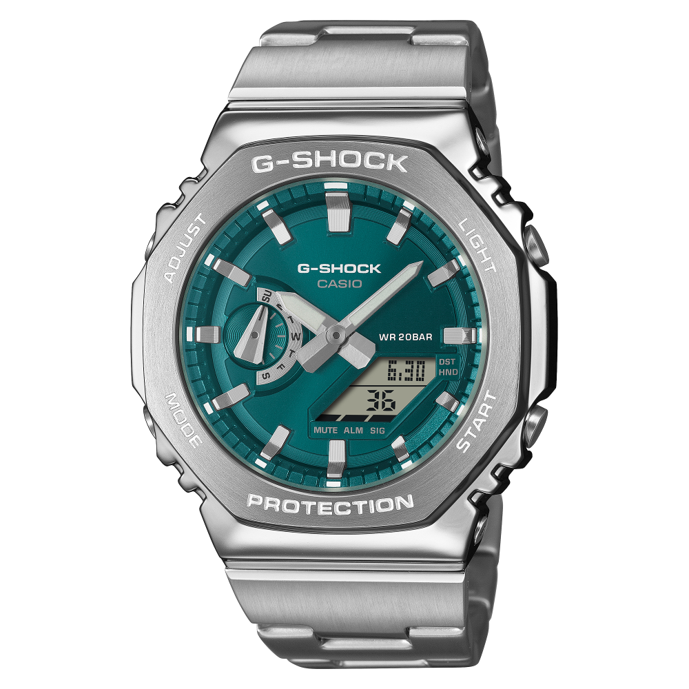 Collection G-Shock - GM-2110D-3A1ER - Montre Casio – boîtier à lunette octogonale en acier, cadran vert métallisé, bracelet en acier inoxydable – vue de face