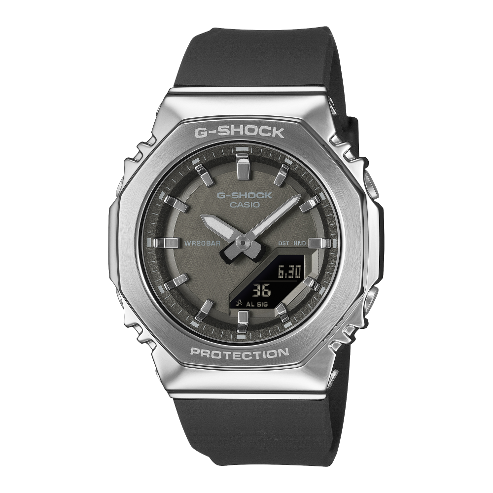 Collection G-Shock - GM-S2110-1A1ER - Montre Casio – boîtier octogonal à lunette métallique, cadran noir, bracelet en résine bio noire – vue de face