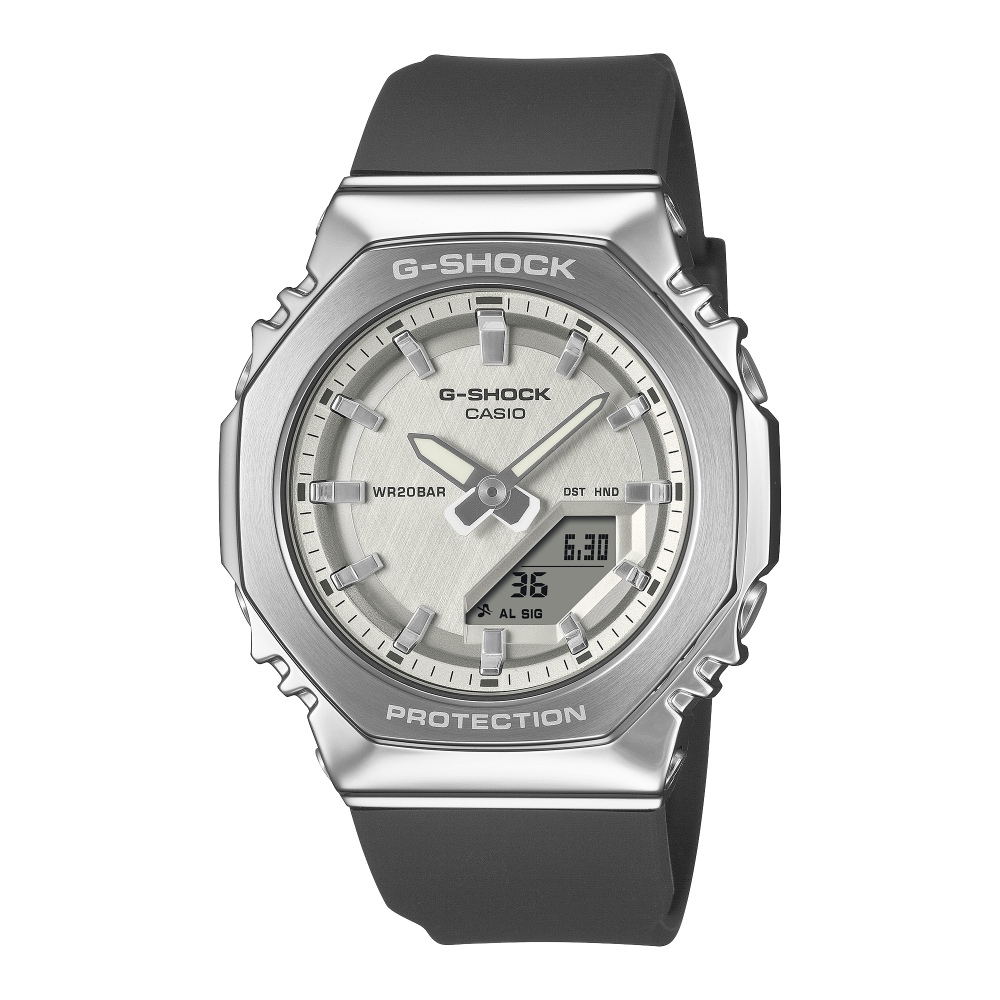 Collection G-Shock - GM-S2110-1A7ER - Montre Casio – boîtier octogonal noir à lunette métallique, cadran argenté, bracelet en résine bio noire – vue de face
