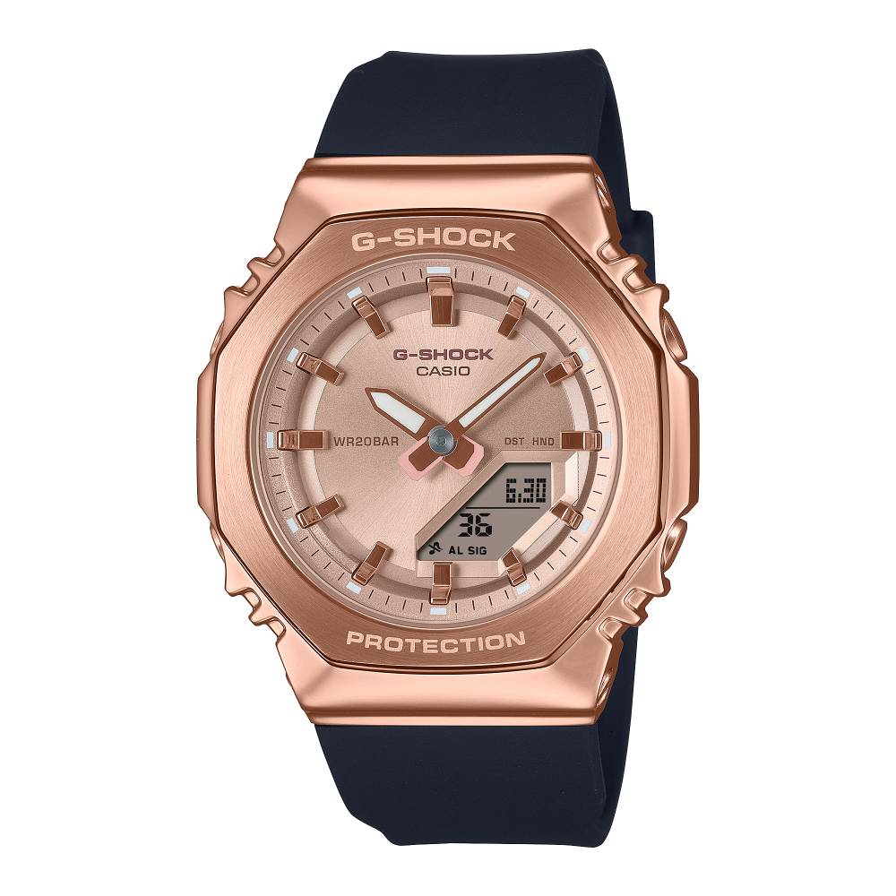 Collection G-Shock - GM-S2110PG-1A4ER - Montre Casio – boîtier octogonal noir à lunette or rose, bracelet en résine bio noir – vue de face