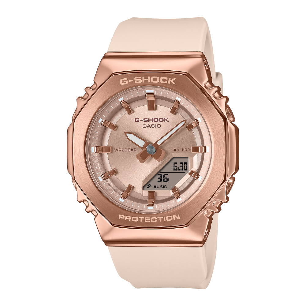 Collection G-Shock - GM-S2110PG-4AER - Montre Casio – boîtier octogonal rose beige à lunette or rose, bracelet en résine bio rose beige – vue de face