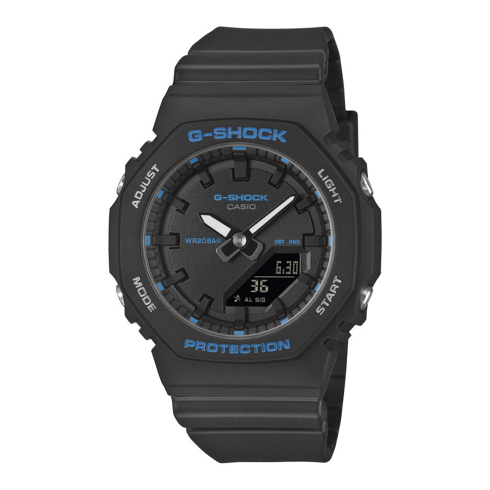 Collection G-Shock - GMA-P2100BA-1AER - Montre Casio – boîtier compact noir à touches bleues, bracelet en résine bio noire – vue de face