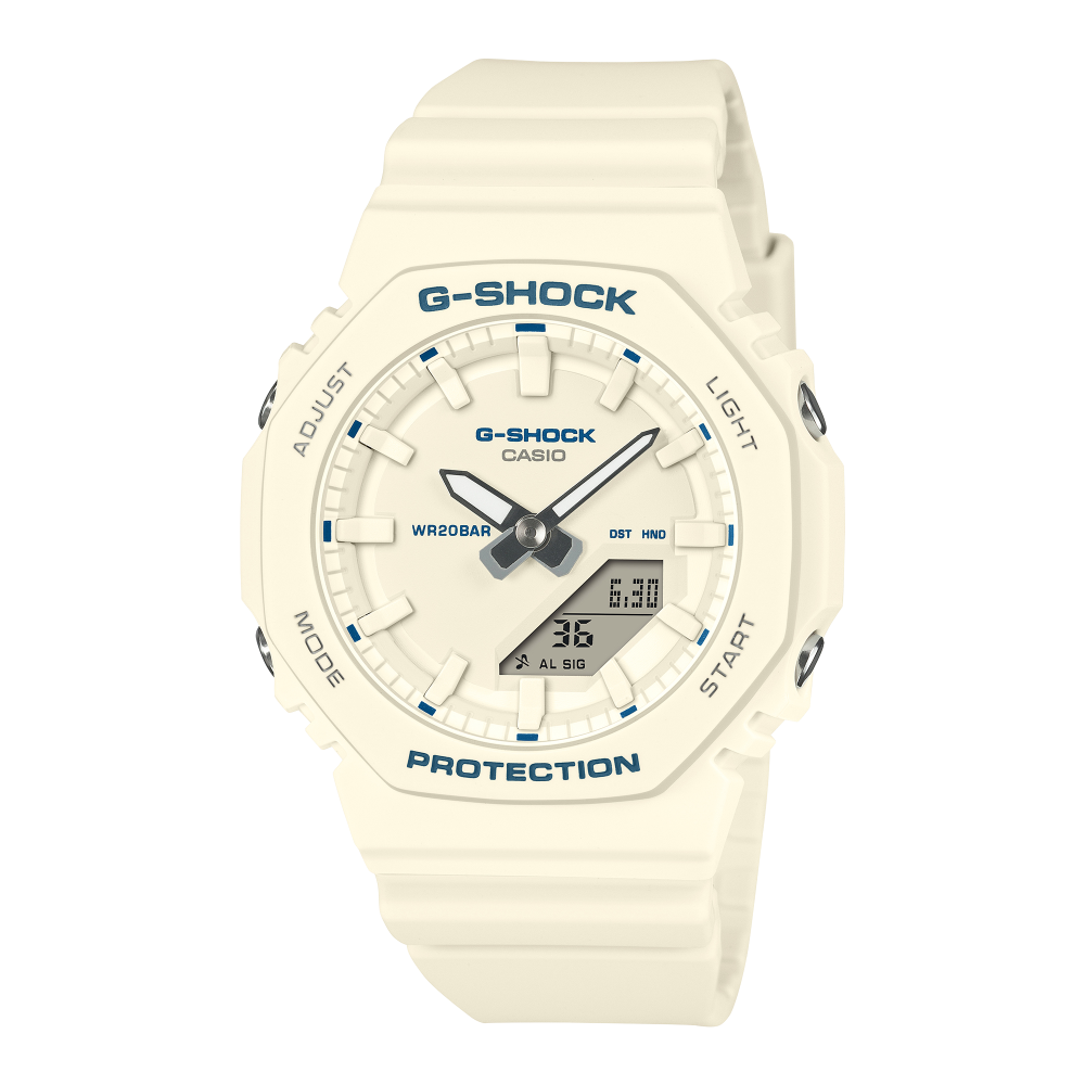 Collection G-Shock - GMA-P2100BA-7AER - Montre Casio – boîtier et bracelet en résine bio blanc ivoire, détails bleus – vue de face