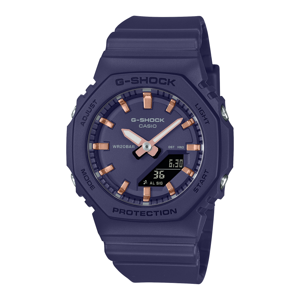Collection G-Shock - GMA-P2100M-2AER - Montre Casio – boîtier et bracelet en résine bleus, index métallisés or rose – vue de face