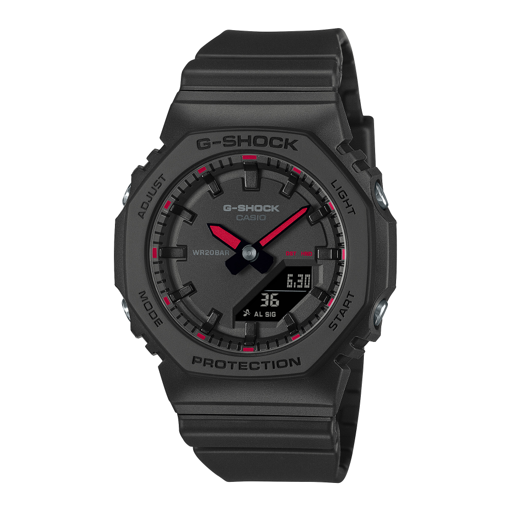 Collection G-Shock - GMA-P2100SA-1A1ER - Montre Casio – boîtier octogonal noir à index jaune fluo et rouge, bracelet en résine bio noire – vue de face