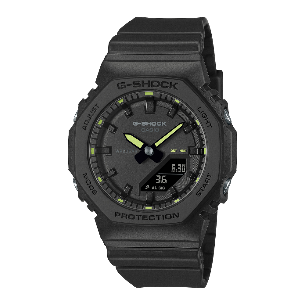 Collection G-Shock - GMA-P2100SA-1A2ER - Montre Casio – boîtier octogonal et bracelet en résine bio noirs, aiguilles et index colorés – vue de face