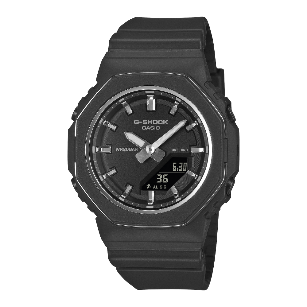 Collection G-Shock - GMA-P2110-1AER - Montre Casio – boîtier compact noir cerclé d'un fin anneau métallique, bracelet en résine bio noire – vue de face