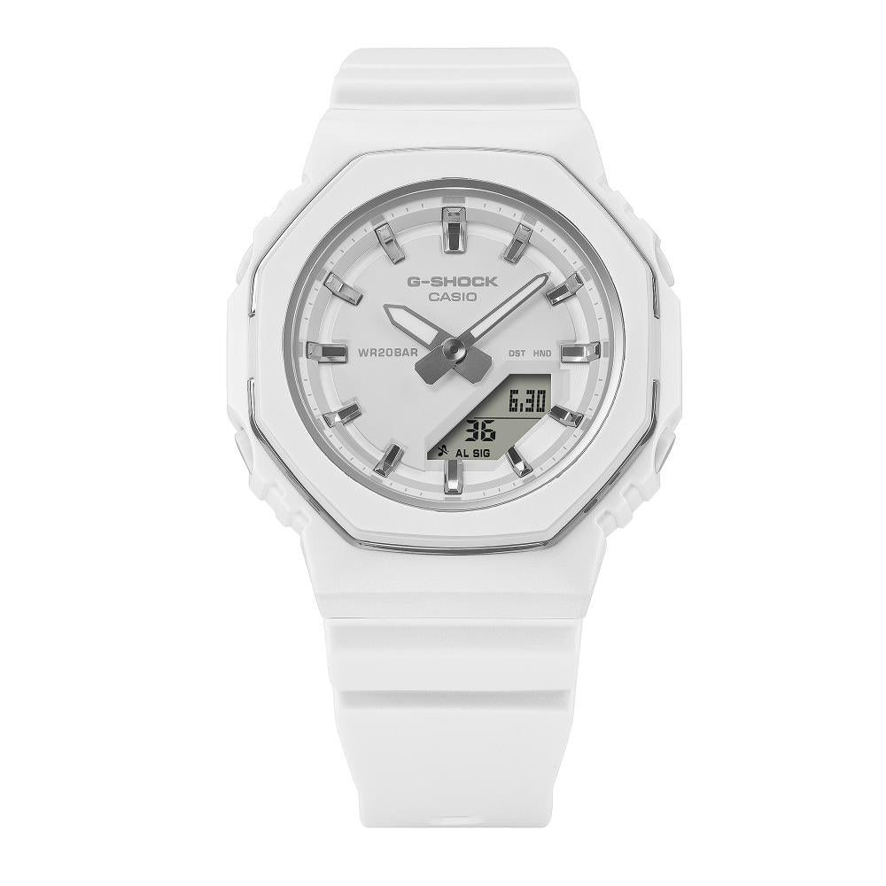 Collection G-Shock - GMA-P2110-7AER - Montre Casio – boîtier compact blanc cerclé d'un fin anneau métallique, bracelet en résine bio blanche – vue 3