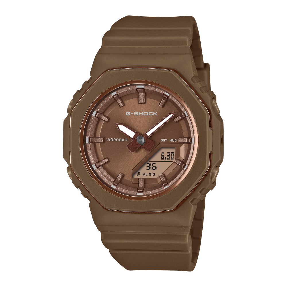 Collection G-Shock - GMA-P2110B-5AER - Montre Casio – boîtier et bracelet en résine bio beige, affichage à aiguilles et écran – vue de face
