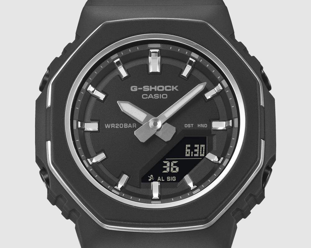 Collection G-Shock - GMA-P2110-1AER - Montre Casio – boîtier compact noir cerclé d'un fin anneau métallique, bracelet en résine bio noire – vue 4