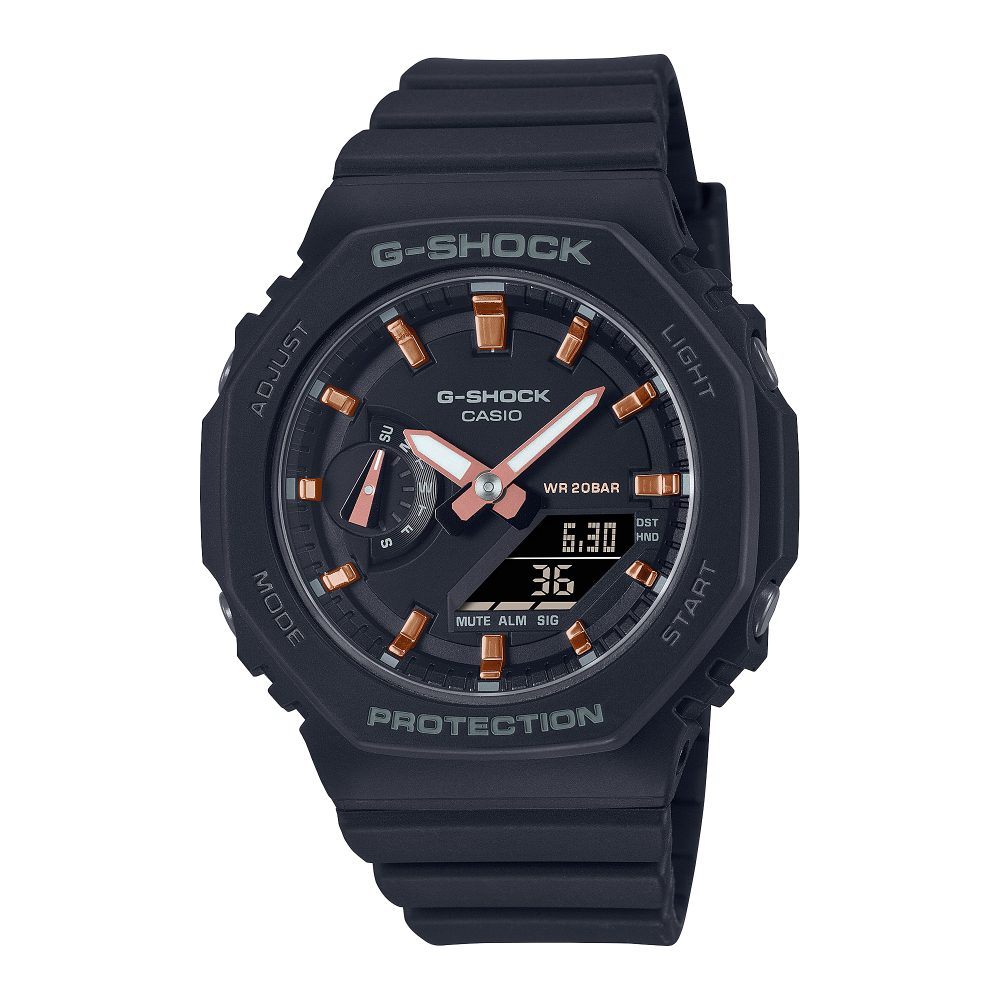 Collection G-Shock - GMA-S2100-1AER - Montre Casio – boîtier octogonal noir mat, index métalliques, bracelet en résine noire – vue de face