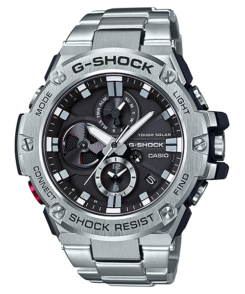 Collection G-Shock - GST-B100D-1AER - Montre Casio – grand boîtier en acier inoxydable, cadran noir à compteurs, bracelet en acier inoxydable – vue de face