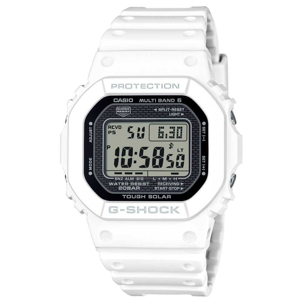 Collection G-Shock - GW-5000HS-7ER - Montre Casio – boîtier blanc à structure métallique, bracelet en résine bio blanc, écran numérique – vue de face
