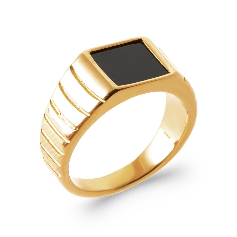 Chevalière carrée imitation onyx côtés striés – Acier doré – Azuline