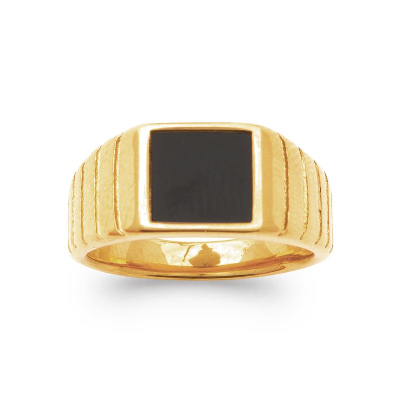Chevalière carrée imitation onyx côtés striés – Acier doré – Azuline – vue 2