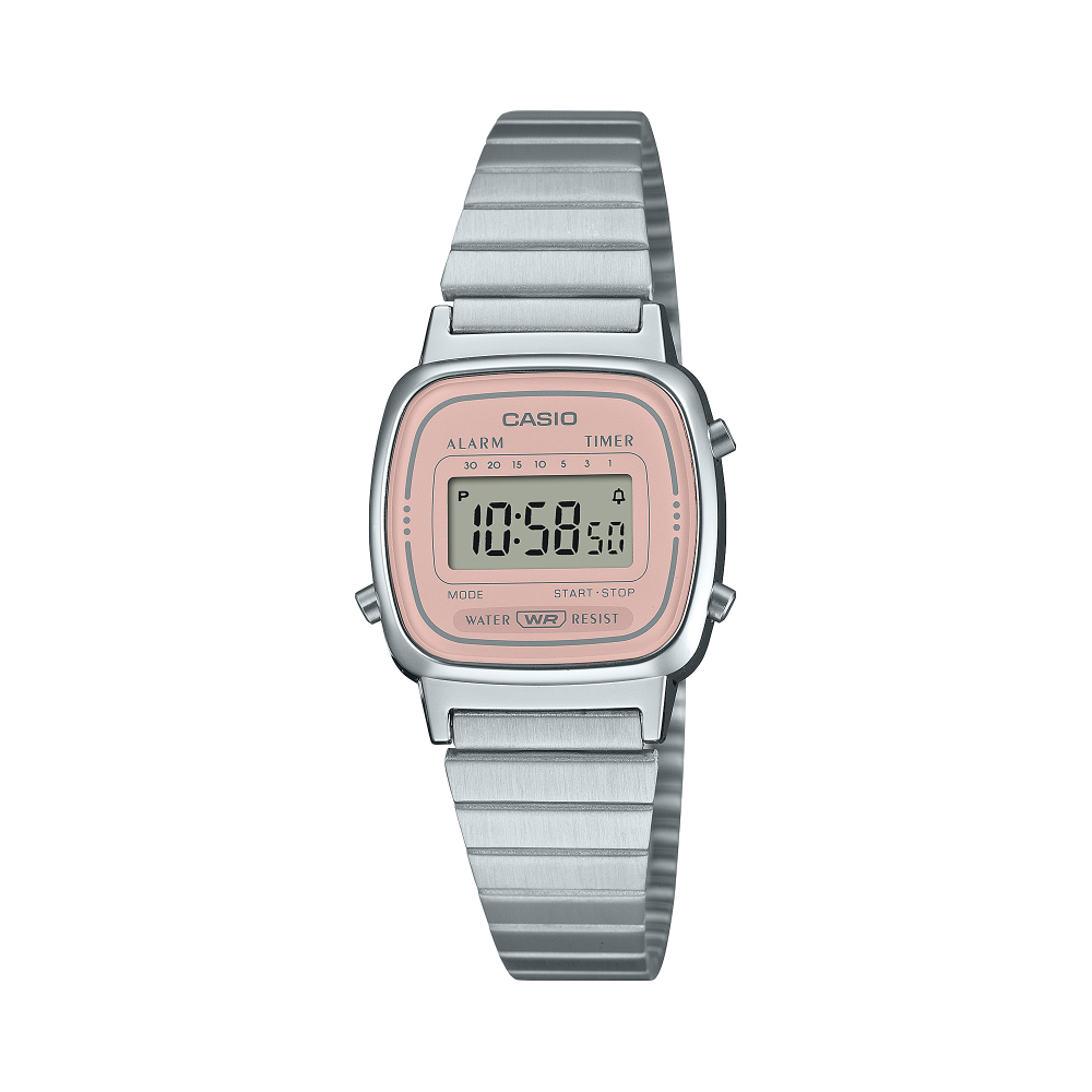 Collection Vintage - LA670WEA-4A2EF - Montre Casio – petit boîtier carré argenté, cadran rose, écran numérique, bracelet en acier inoxydable – vue de face