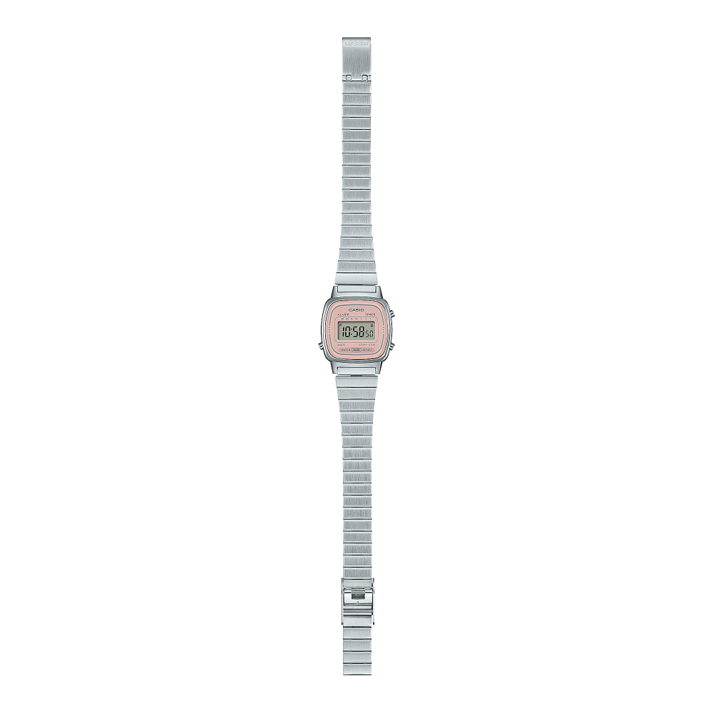 Collection Vintage - LA670WEA-4A2EF - Montre Casio – petit boîtier carré argenté, cadran rose, écran numérique, bracelet en acier inoxydable – vue 3
