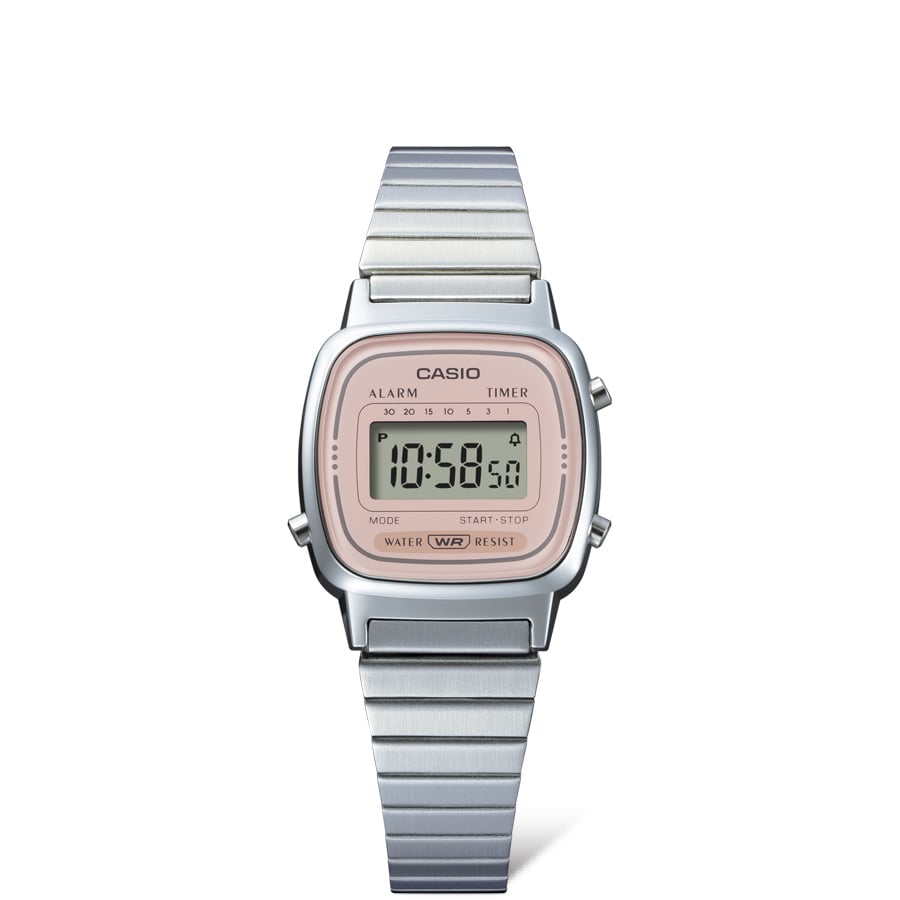 Collection Vintage - LA670WEA-4A2EF - Montre Casio – petit boîtier carré argenté, cadran rose, écran numérique, bracelet en acier inoxydable – vue 4