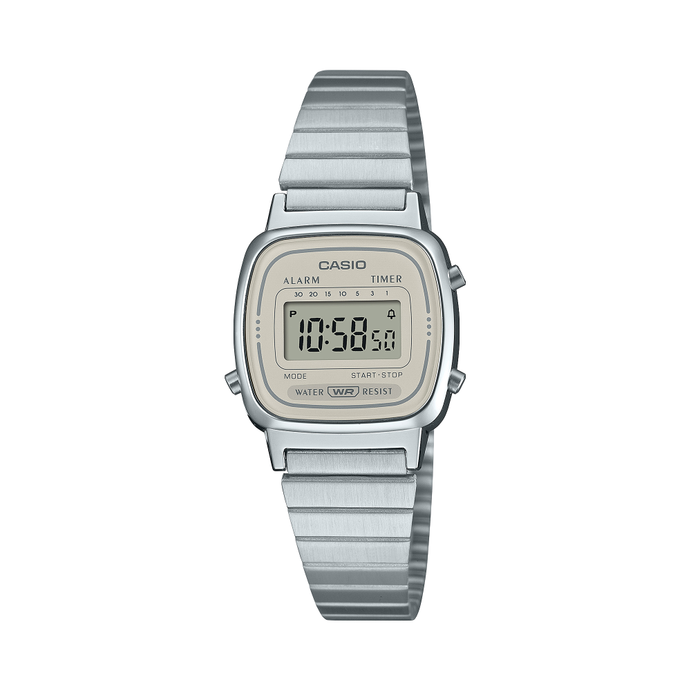 Collection Vintage - LA670WEA-8AEF - Montre Casio – petit boîtier carré argenté, cadran gris, écran numérique, bracelet en acier inoxydable – vue de face