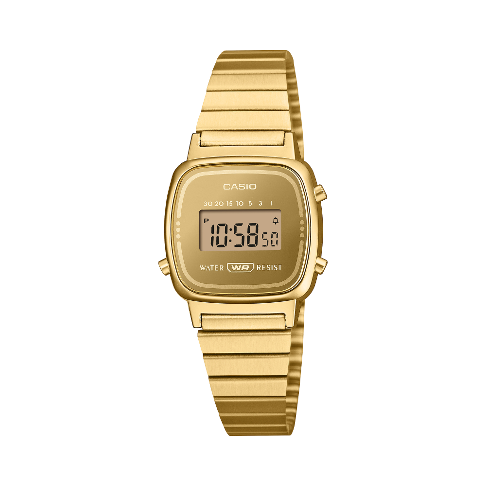 Collection Vintage - LA670WEGS-9AEF - Montre Casio – petit boîtier doré, écran numérique aux inscriptions monochromes, bracelet en acier doré – vue de face