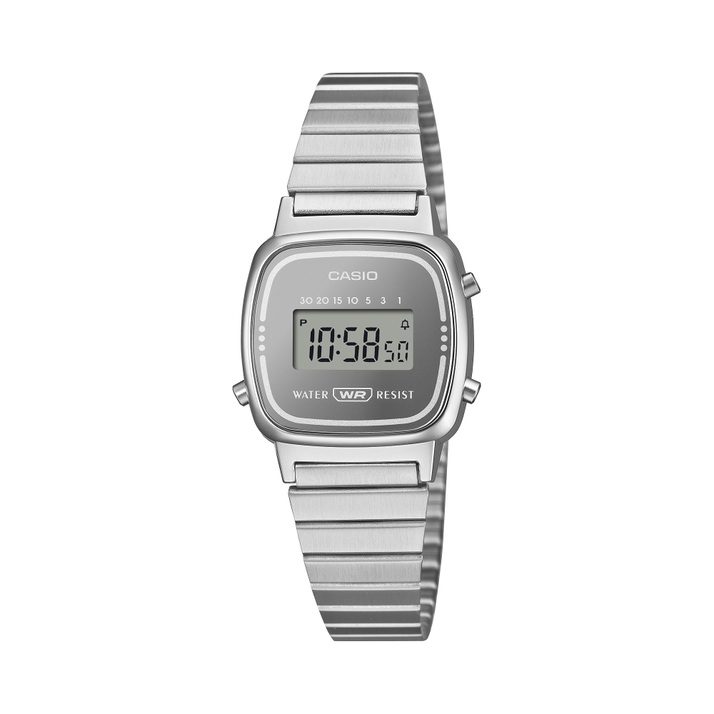 Collection Vintage - LA670WES-7AEF - Montre Casio – petit boîtier argenté, écran numérique aux inscriptions monochromes, bracelet en acier inoxydable argenté – vue de face