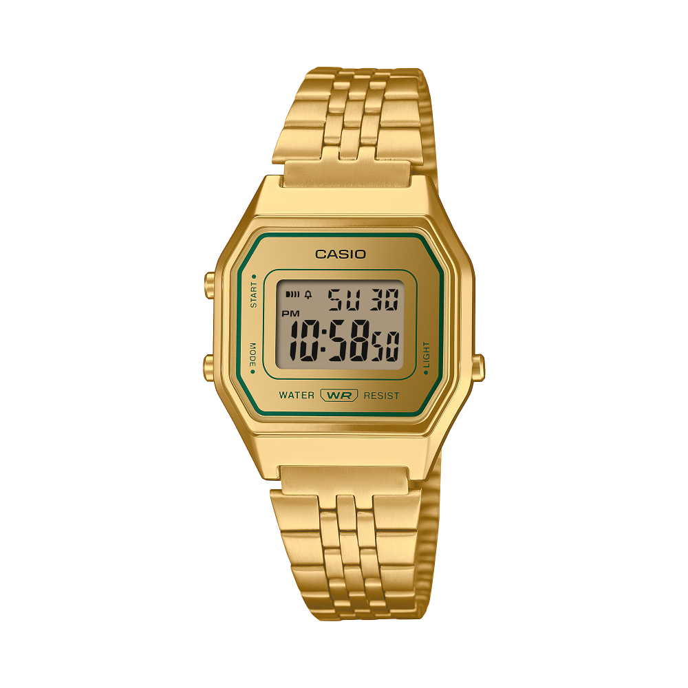 Collection Vintage - LA680WEGV-9AEF - Montre Casio – petit boîtier doré, cadran à touches vertes, écran numérique, bracelet en acier doré multi-rangs – vue de face