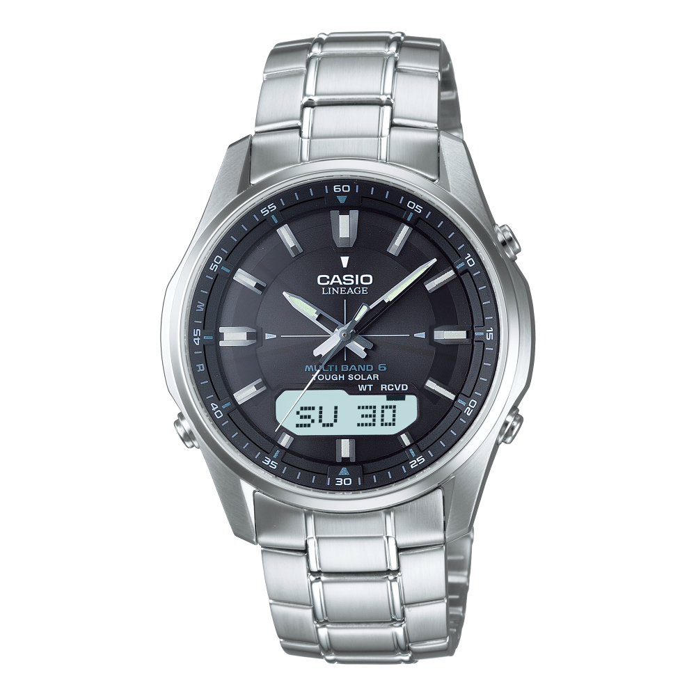 Collection Radio-pilotée - LCW-M100DSE-1AER - Montre Casio – boîtier en acier inoxydable argenté, cadran noir, bracelet en acier, aiguilles et écran numérique – vue de face