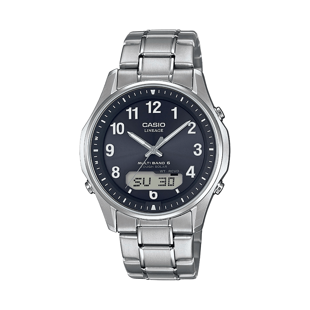 Collection Radio-pilotée - LCW-M100TSE-1A2ER - Montre Casio – boîtier en titane argenté, cadran noir, bracelet en titane, aiguilles et écran numérique – vue de face