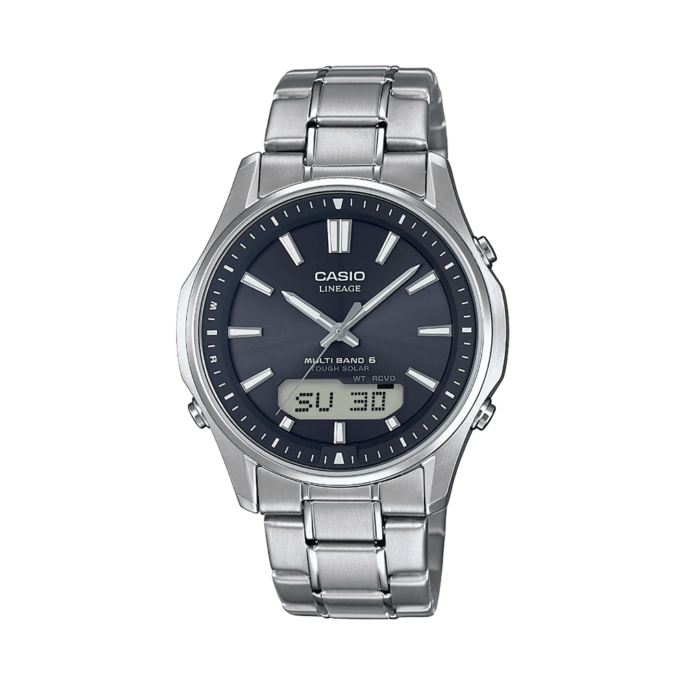 Collection Radio-pilotée - LCW-M100TSE-1AER - Montre Casio – boîtier en titane argenté, cadran noir épuré, bracelet en titane, aiguilles et écran numérique – vue de face