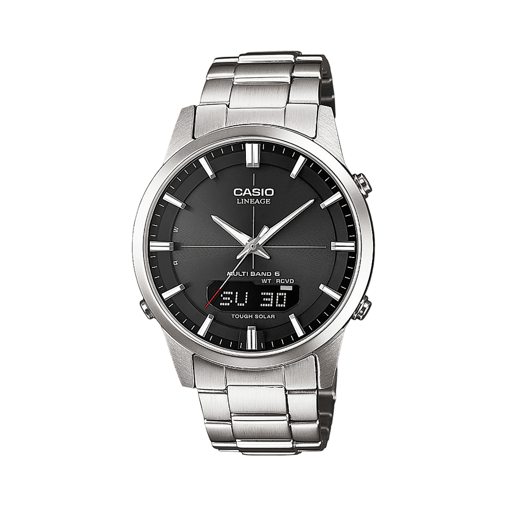 Collection Radio-pilotée - LCW-M170D-1AER - Montre Casio – boîtier en acier inoxydable argenté, cadran noir, bracelet en acier, aiguilles et écran numérique – vue de face