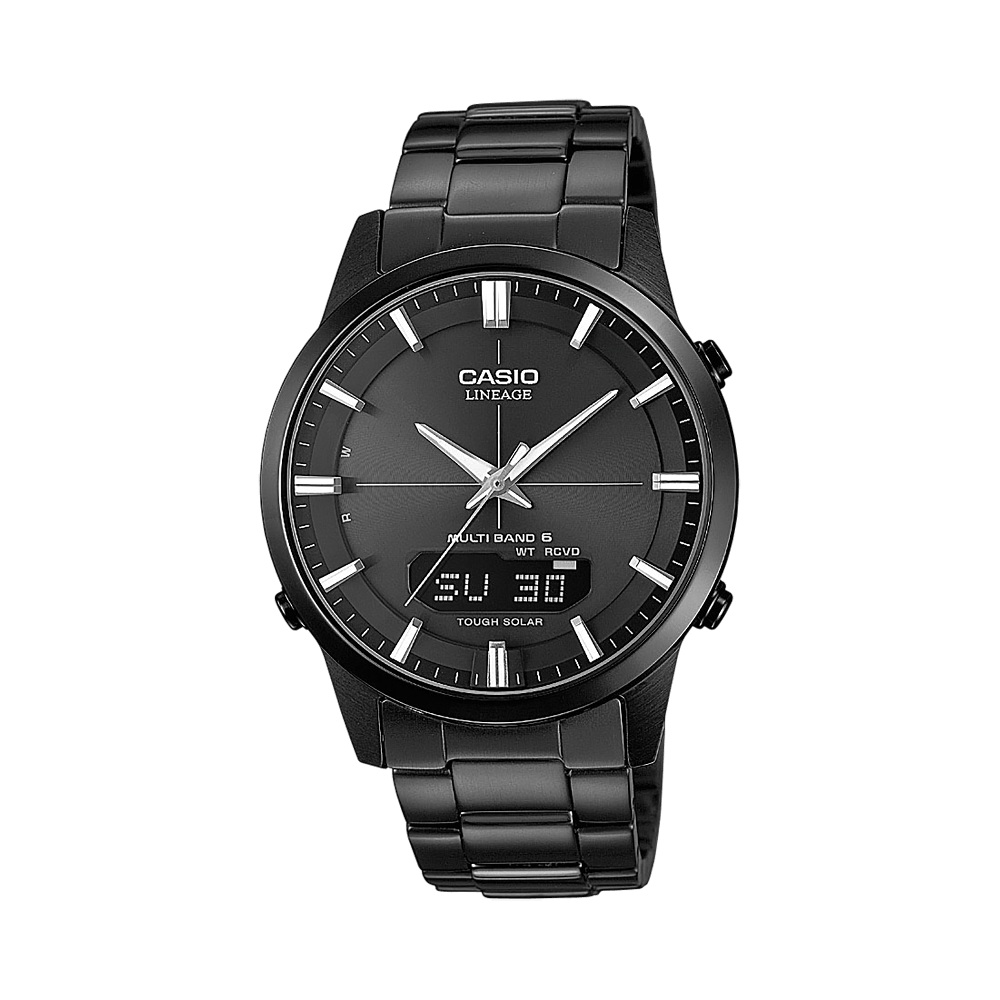 Collection Radio-pilotée - LCW-M170DB-1AER - Montre Casio – boîtier en acier à placage ionique noir, bracelet en acier noir, aiguilles et écran numérique – vue de face