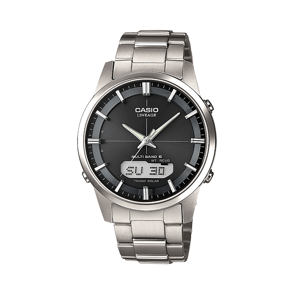 Collection Radio-pilotée - LCW-M170TD-1AER - Montre Casio – boîtier en titane argenté, cadran noir, bracelet en titane, aiguilles et écran numérique – vue de face