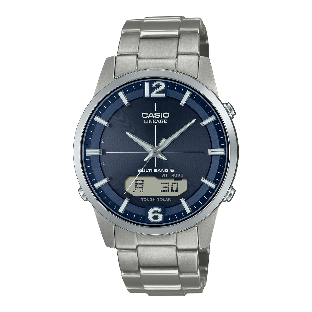 Collection Radio-pilotée - LCW-M170TD-2AER - Montre Casio – boîtier en titane argenté, cadran bleu marine, bracelet en titane, aiguilles et écran numérique – vue de face