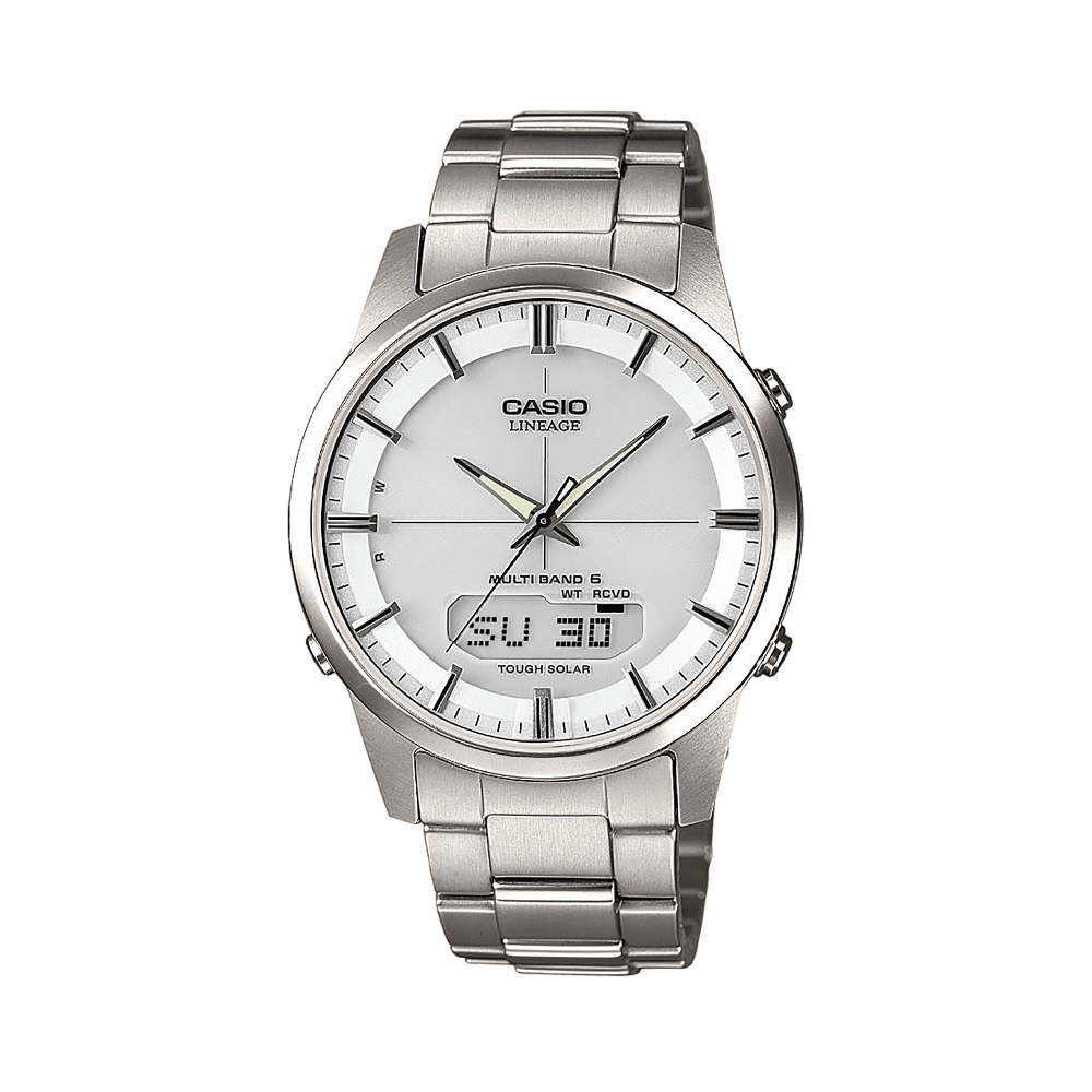 Collection Radio-pilotée - LCW-M170TD-7AER - Montre Casio – boîtier en titane argenté, bracelet en titane argenté, aiguilles et écran numérique – vue de face