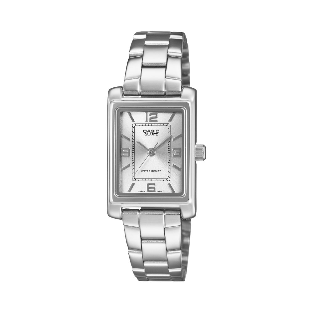 Collection Timeless - LTP-1234PDD-7AEF - Montre Casio – boîtier rectangulaire argenté à placage ionique, bracelet en acier inoxydable argenté – vue de face