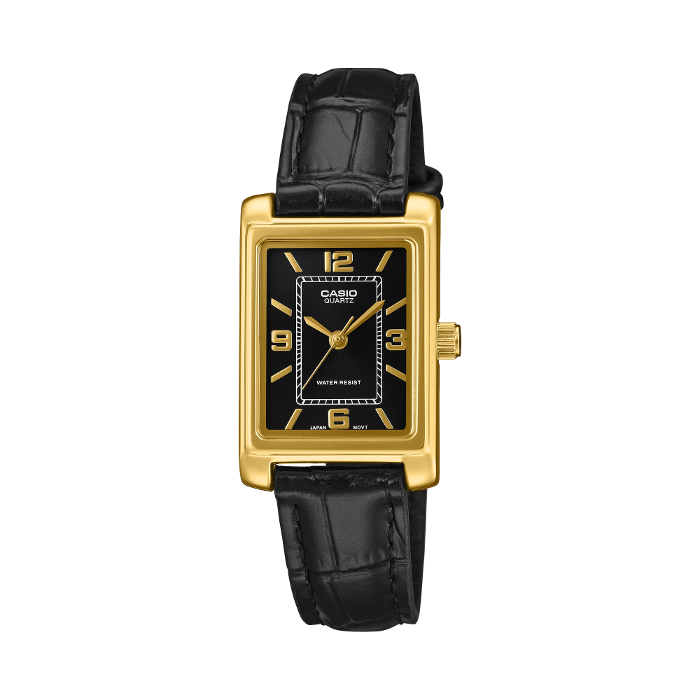 Collection Timeless - LTP-1234PGL-1AEF - Montre Casio – boîtier rectangulaire doré, cadran noir, bracelet en cuir véritable – vue de face