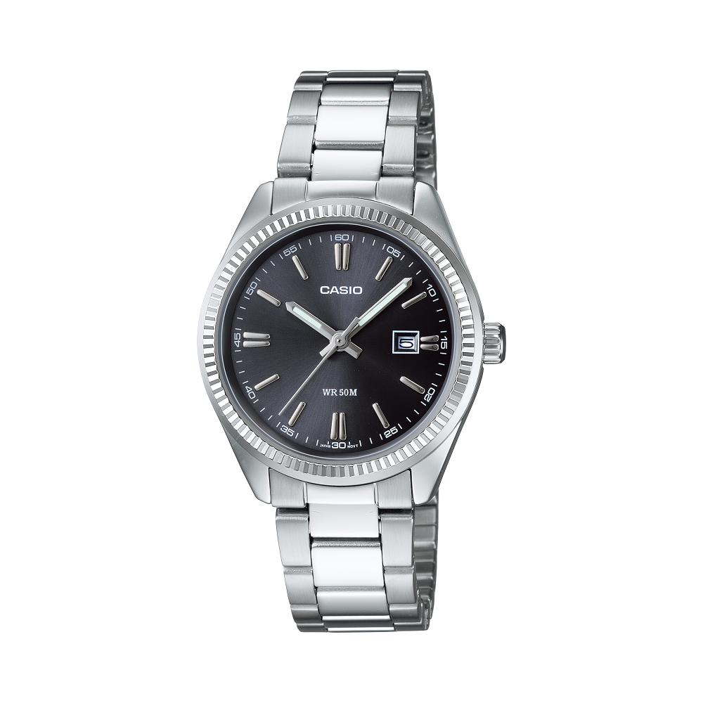 Collection Timeless - LTP-1302PD-1A1VEG - Montre Casio – montre analogique, boîtier à placage ionique, cadran noir, bracelet en acier inoxydable – vue de face