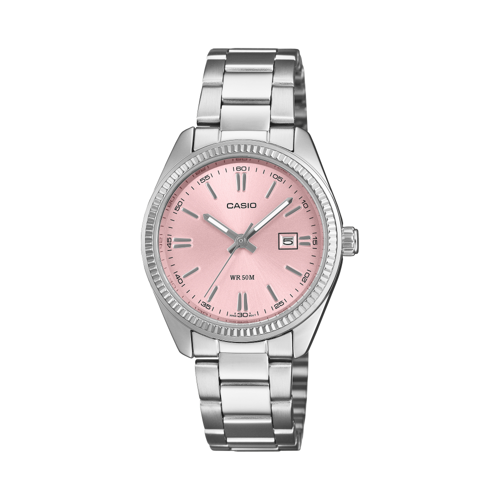 Collection Timeless - LTP-1302PD-4AVEF - Montre Casio – boîtier à placage ionique, cadran rose avec date, bracelet en acier inoxydable – vue de face